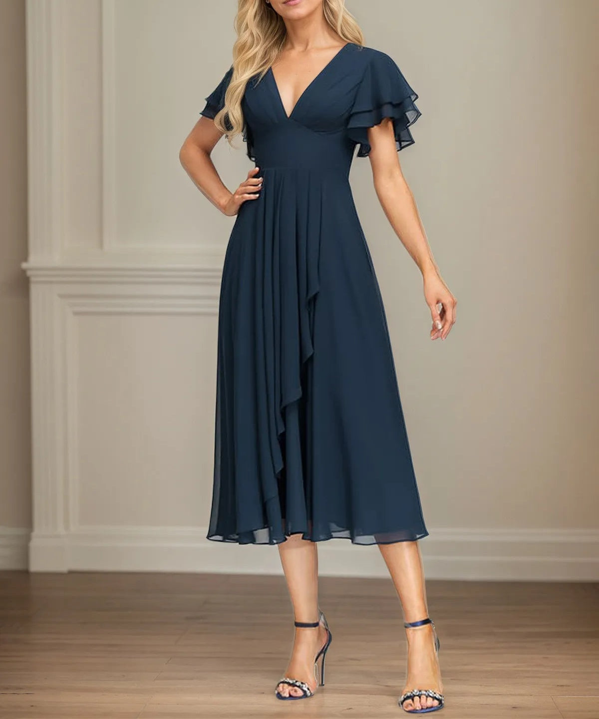 A Line V-Neck Tea Length Chiffon Dress With Cascading Ruffles