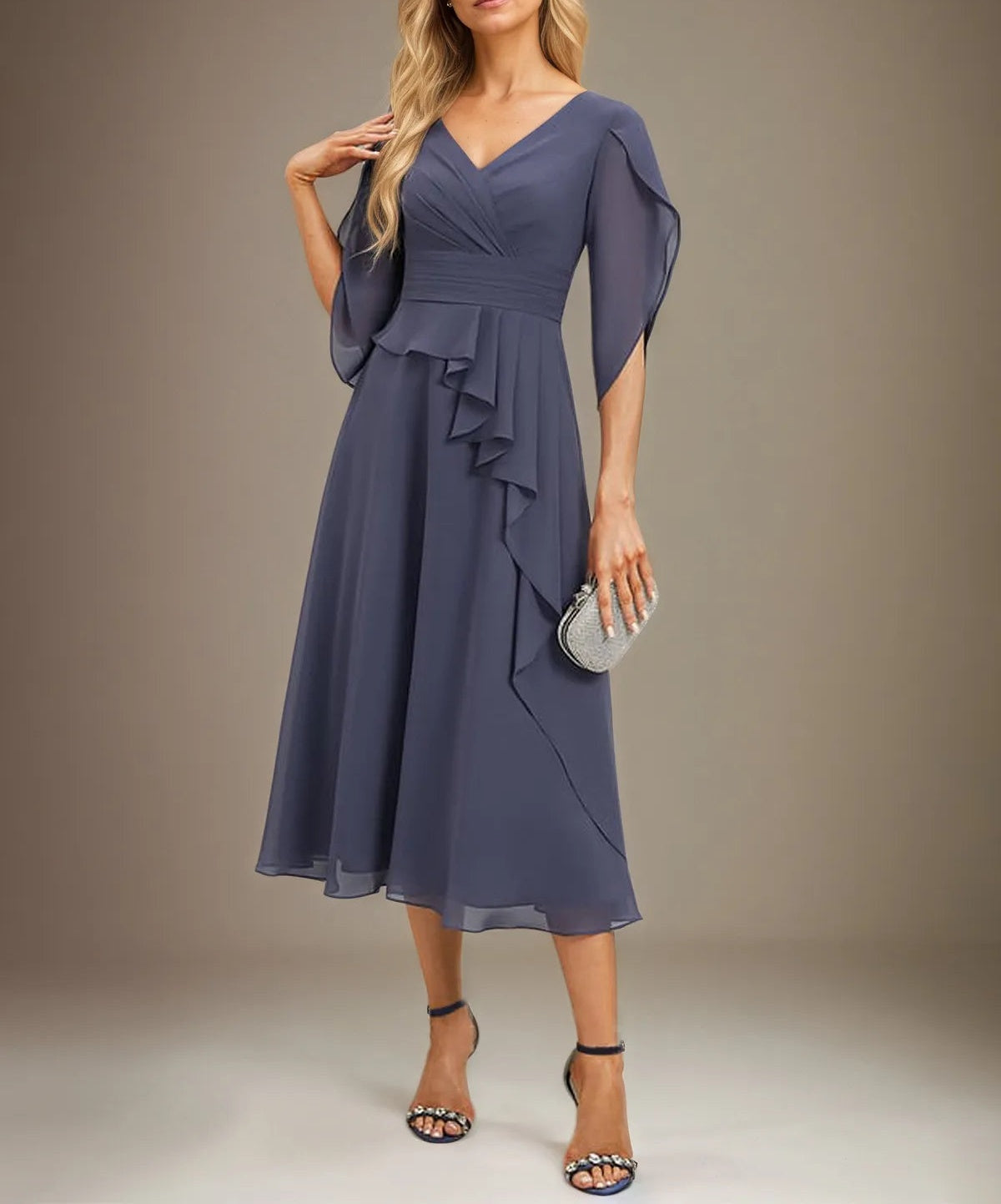 A Line V-Neck Tea-Length Chiffon Mother Of Bride Dresses With Pleated