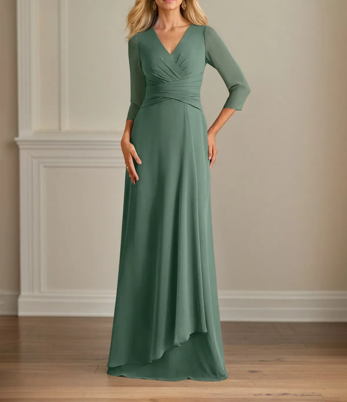 A Line V Neck 3/4 Sleeves Floor-Length Chiffon Dress With Pleated