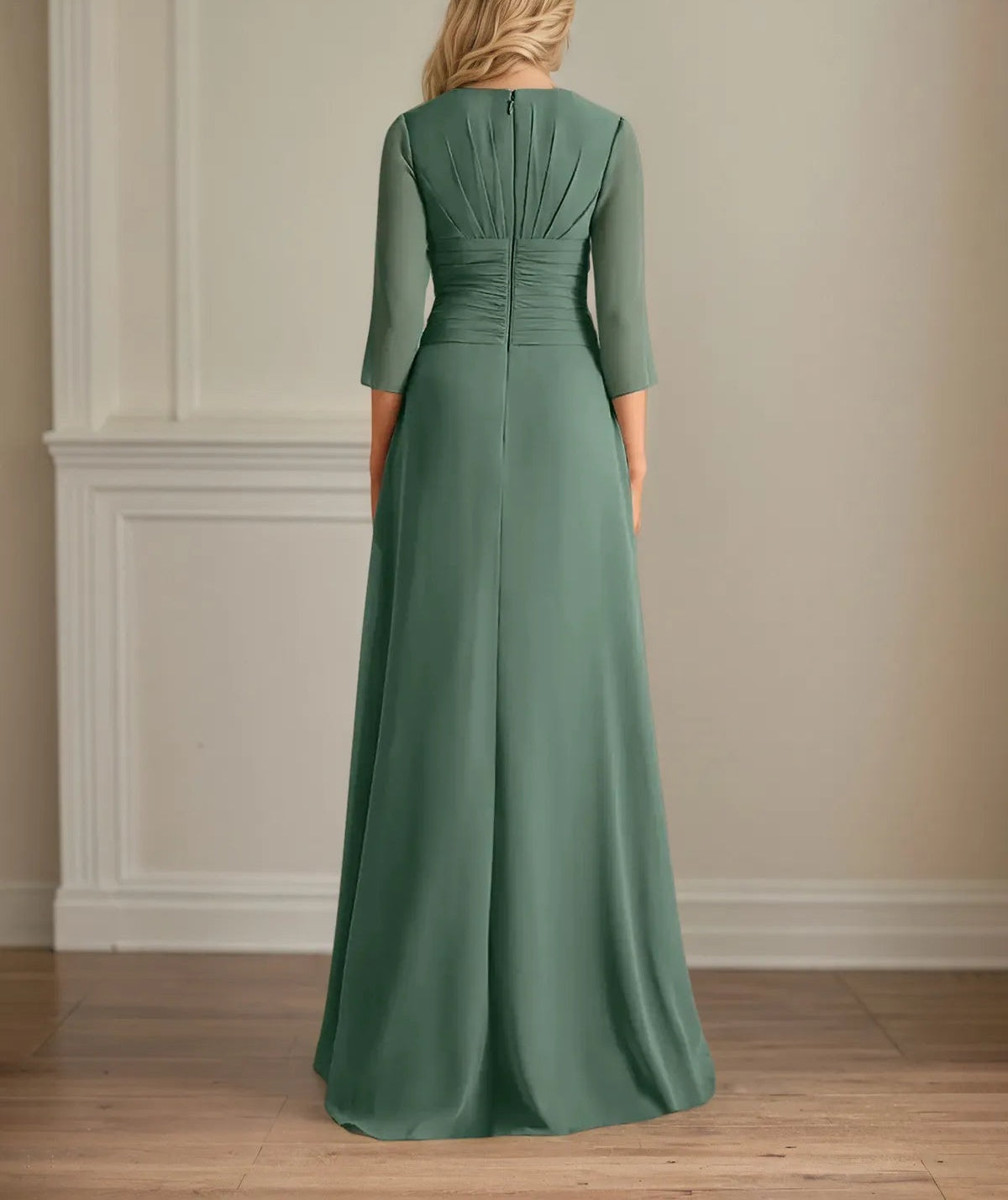 A Line V Neck 3/4 Sleeves Floor-Length Chiffon Dress With Pleated