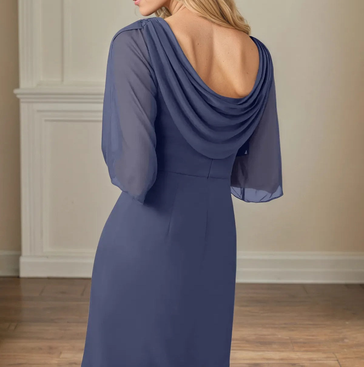 Sheath/Column Boat Neck 1/2 Sleeve Floor Length Chiffon Dress With Beadings