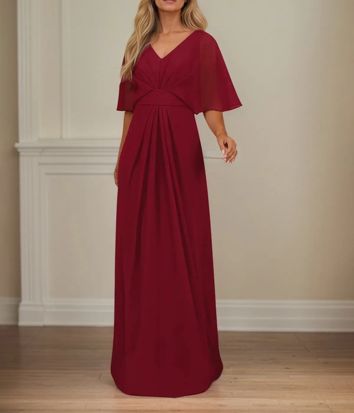 A Line V Neck 1/2 Sleeve Floor Length Chiffon Mother of the Bride Dress
