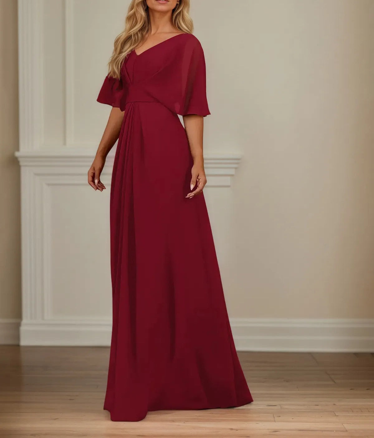 A Line V Neck 1/2 Sleeve Floor Length Chiffon Mother of the Bride Dress
