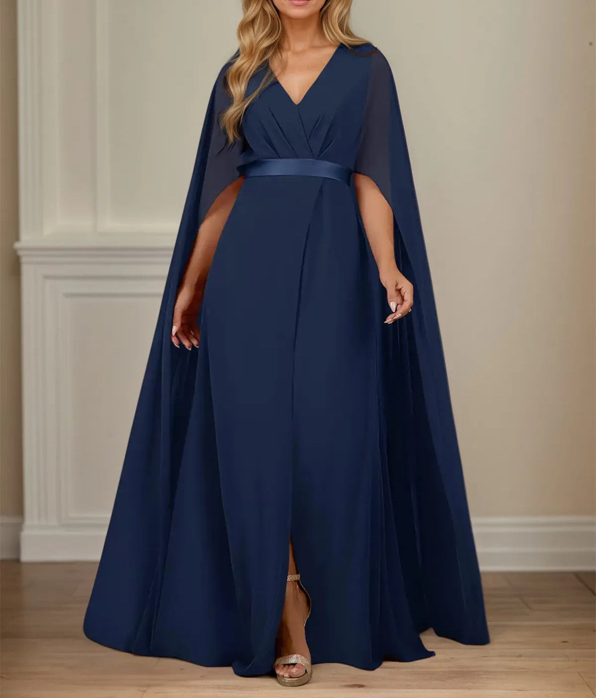 A Line V Neck Cap Sleeve Floor Length Chiffon Mother of the Bride Dress
