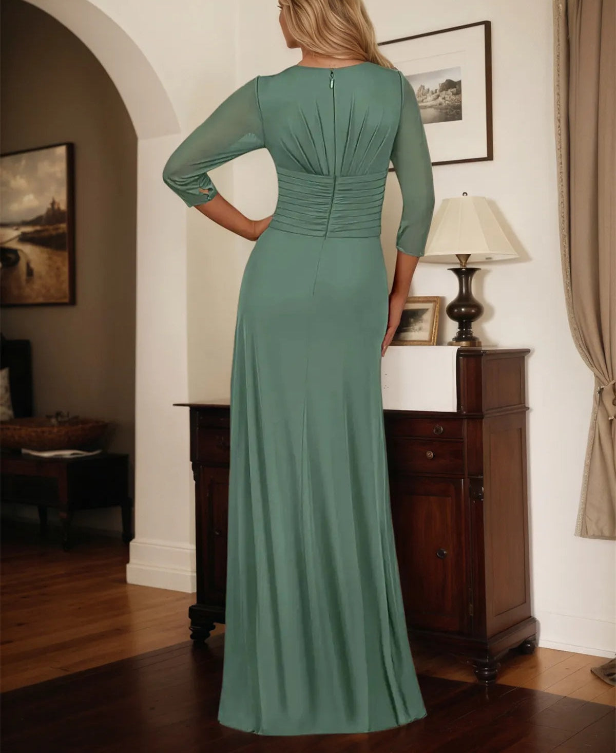 A Line V Neck 3/4 Sleeve Floor Length Chiffon Mother of the Bride Dress