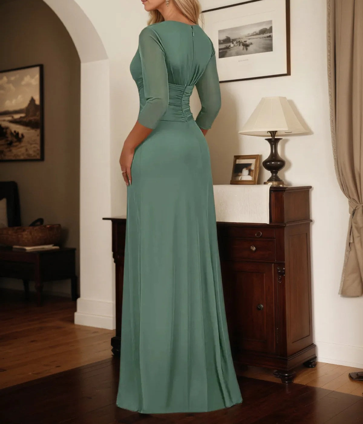 A Line V Neck 3/4 Sleeve Floor Length Chiffon Mother of the Bride Dress