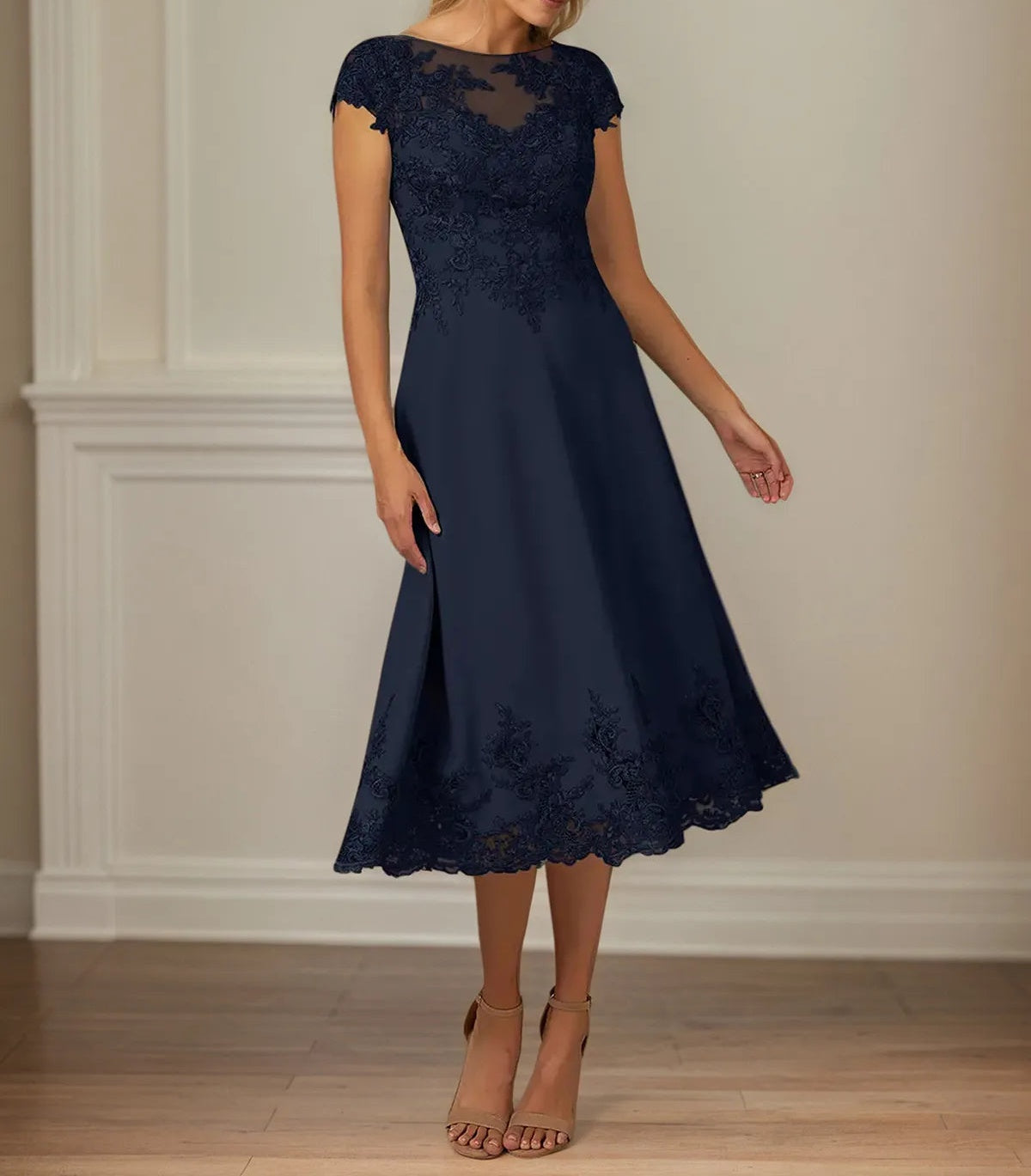 A Line Scoop Neck Cap Sleeves Ankle Length Chiffon Mother of the Bride Dress