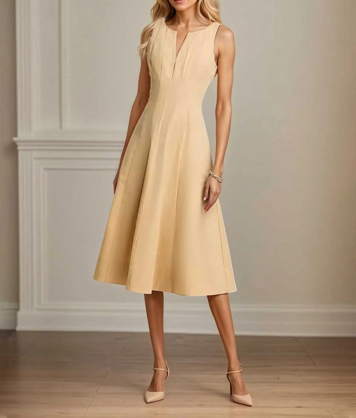 A Line V Neck Sleeveless Tea Length Stretch Crepe Mother of the Bride Dress