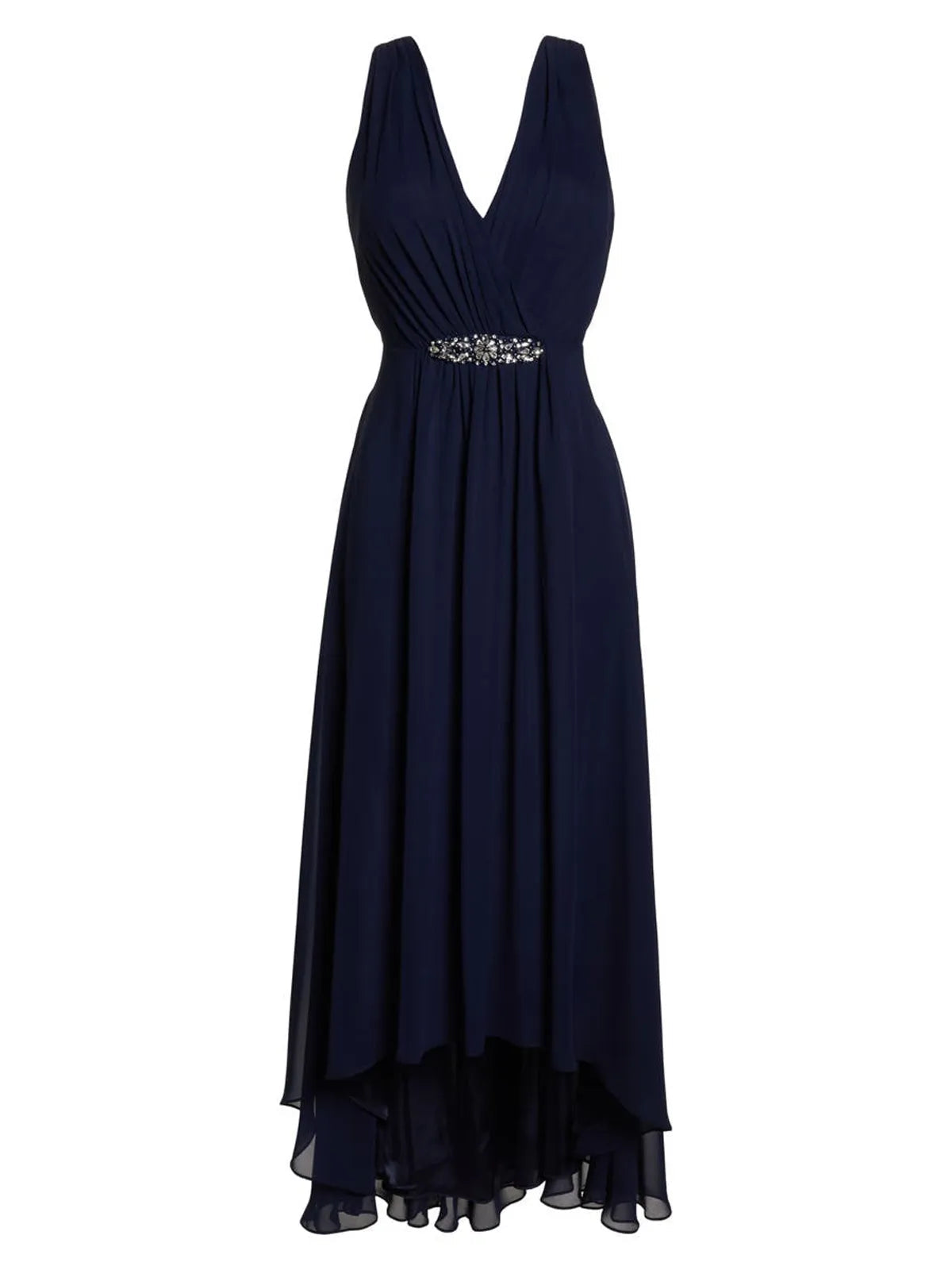A Line Chiffon V Neck Sleeveless Asymmetrical Dress With Rhinestones