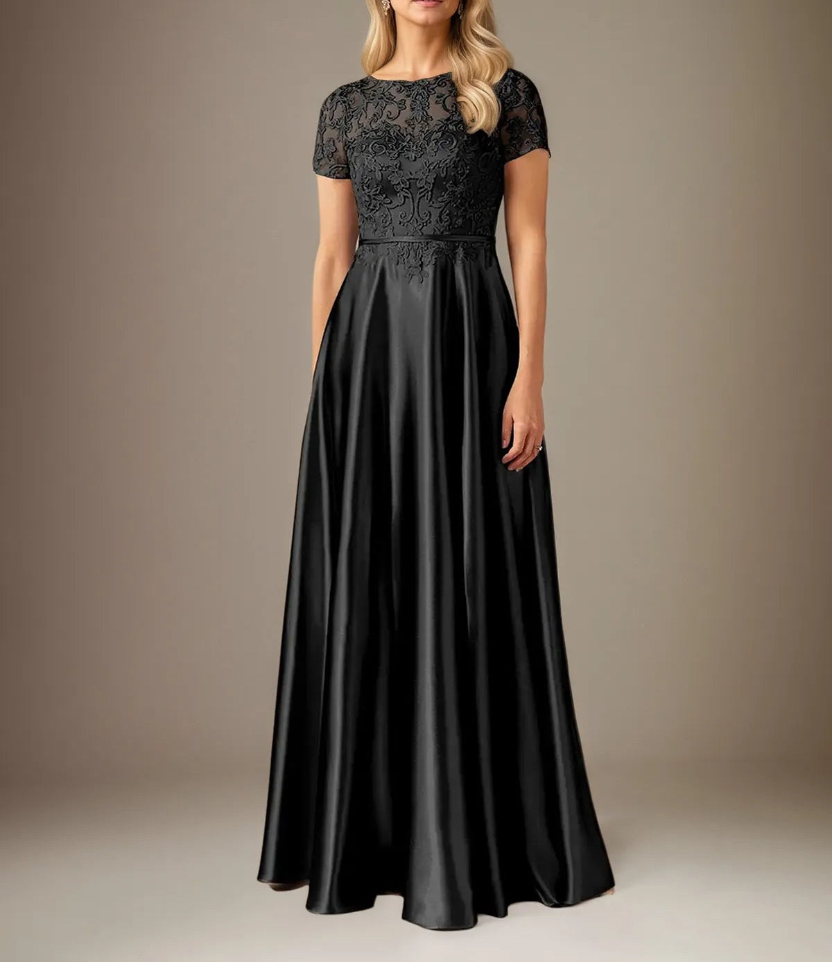 A Line Satin Scoop Neck Short Sleeves Floor Length Dress With Appliques