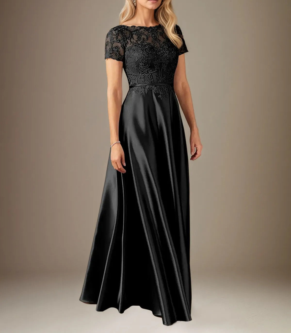 A Line Satin Scoop Neck Short Sleeves Floor Length Dress With Appliques