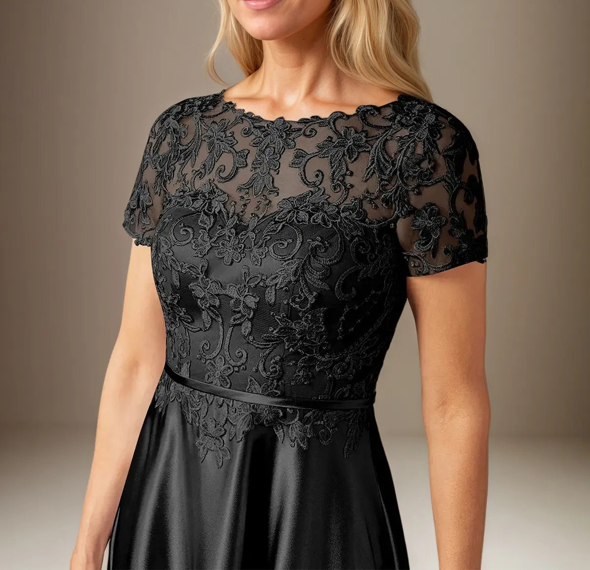 A Line Satin Scoop Neck Short Sleeves Floor Length Dress With Appliques