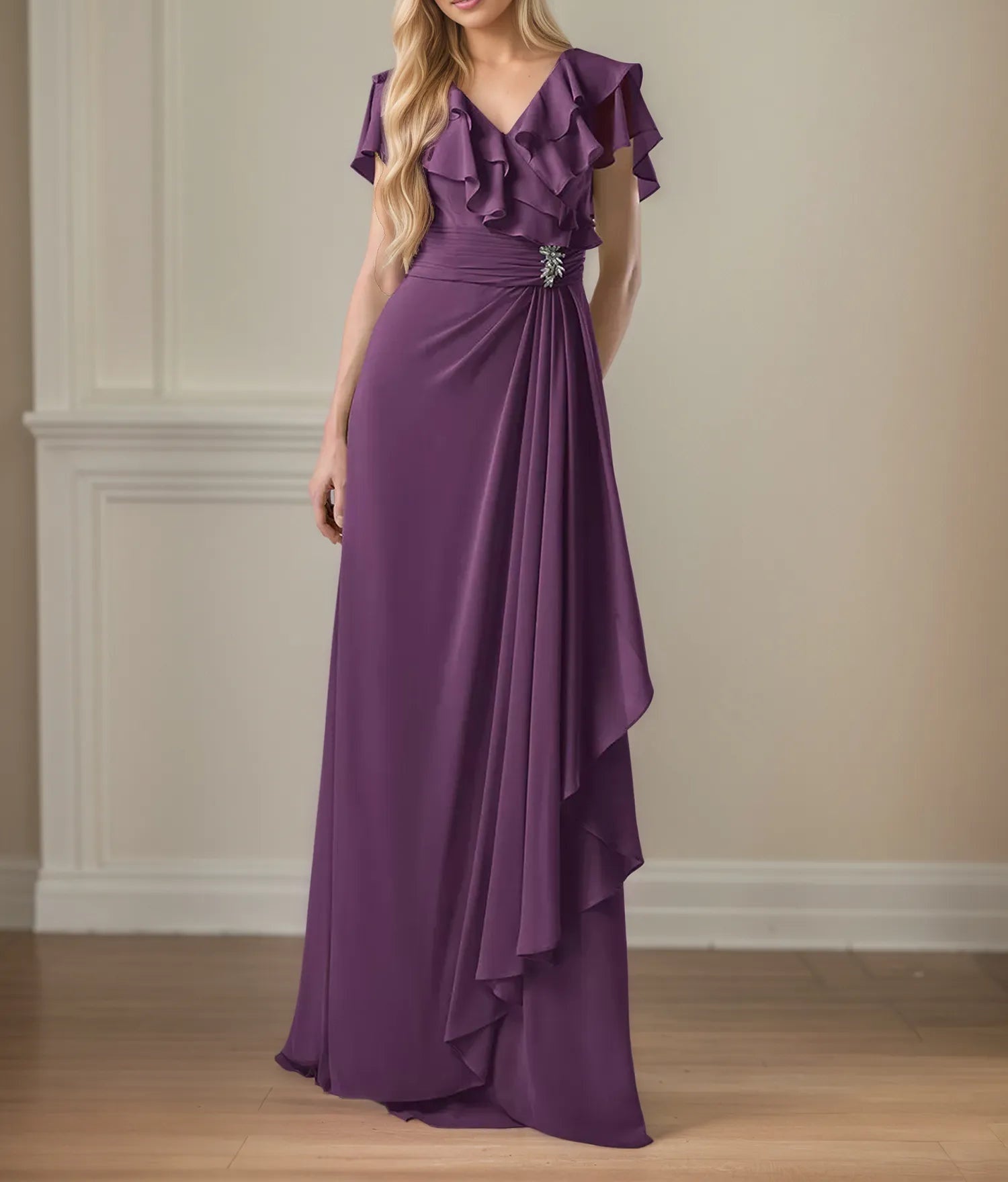 A Line Chiffon V Neck Ruffles Floor Length Mother of the Bride Dress