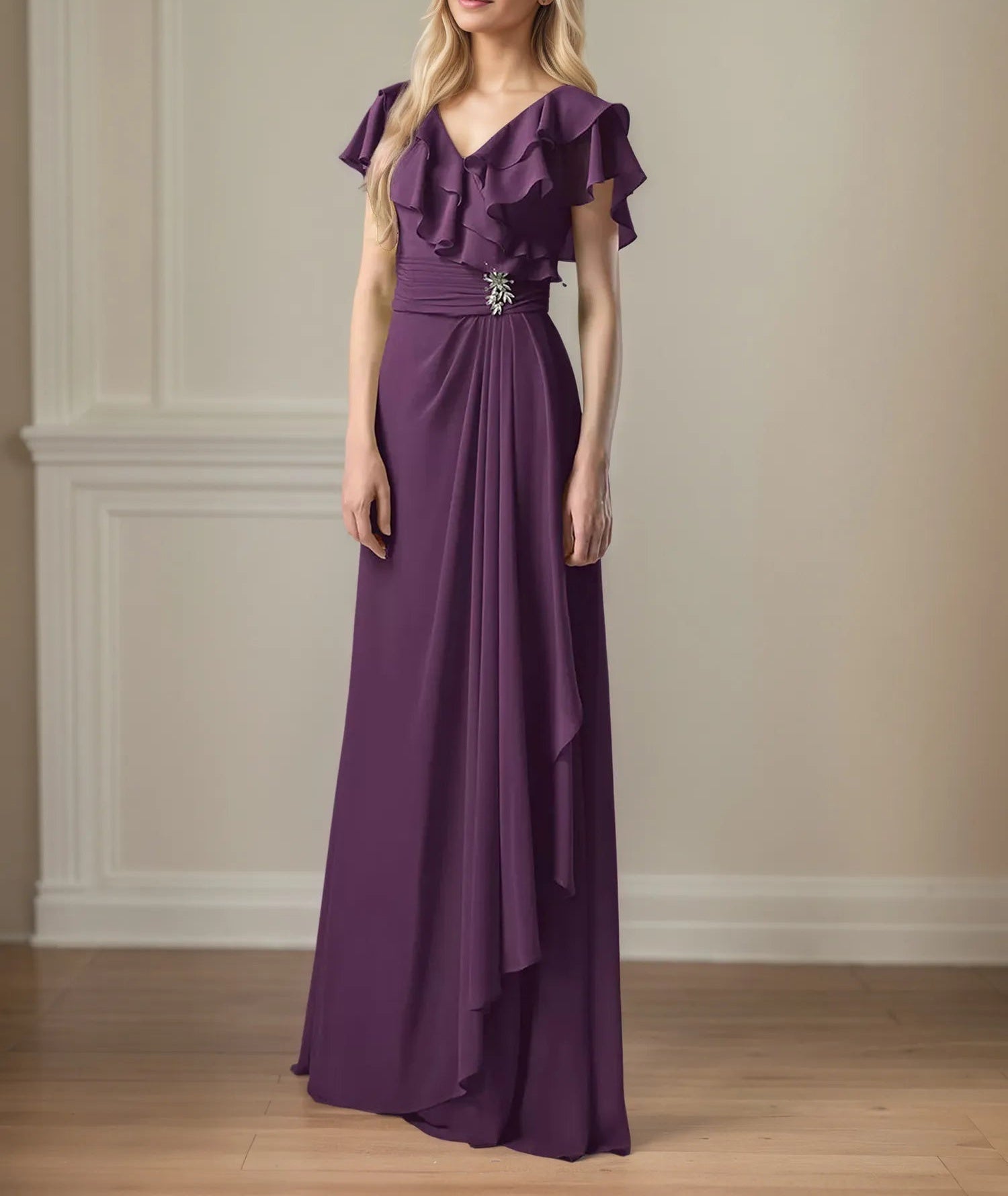 A Line Chiffon V Neck Ruffles Floor Length Mother of the Bride Dress