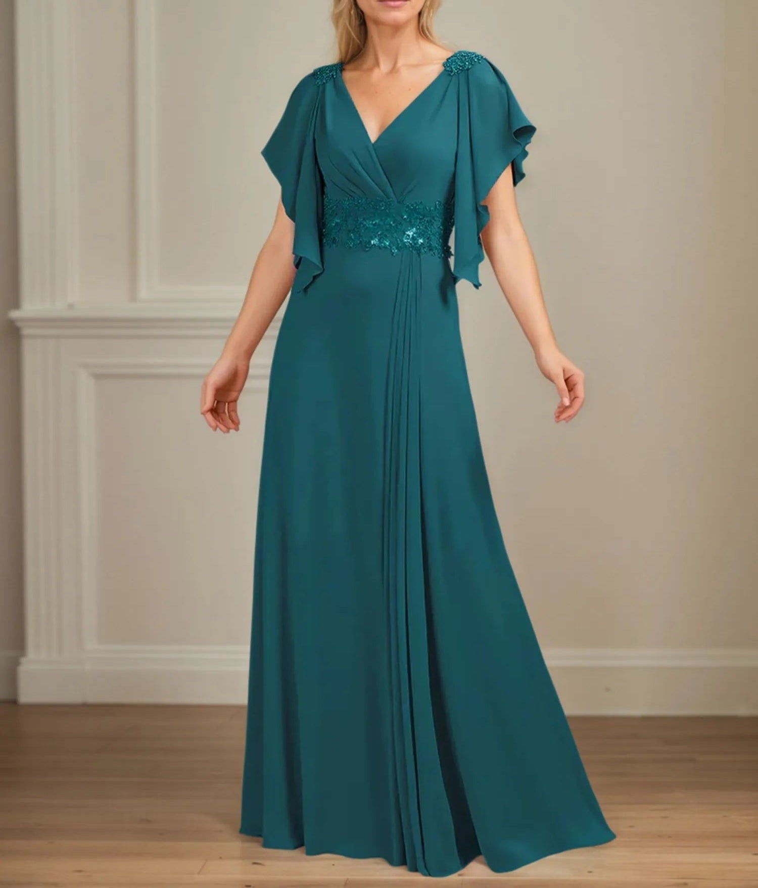A Line V Neck Appliqued Floor Length Mother of the Bride Dress with Ruffles