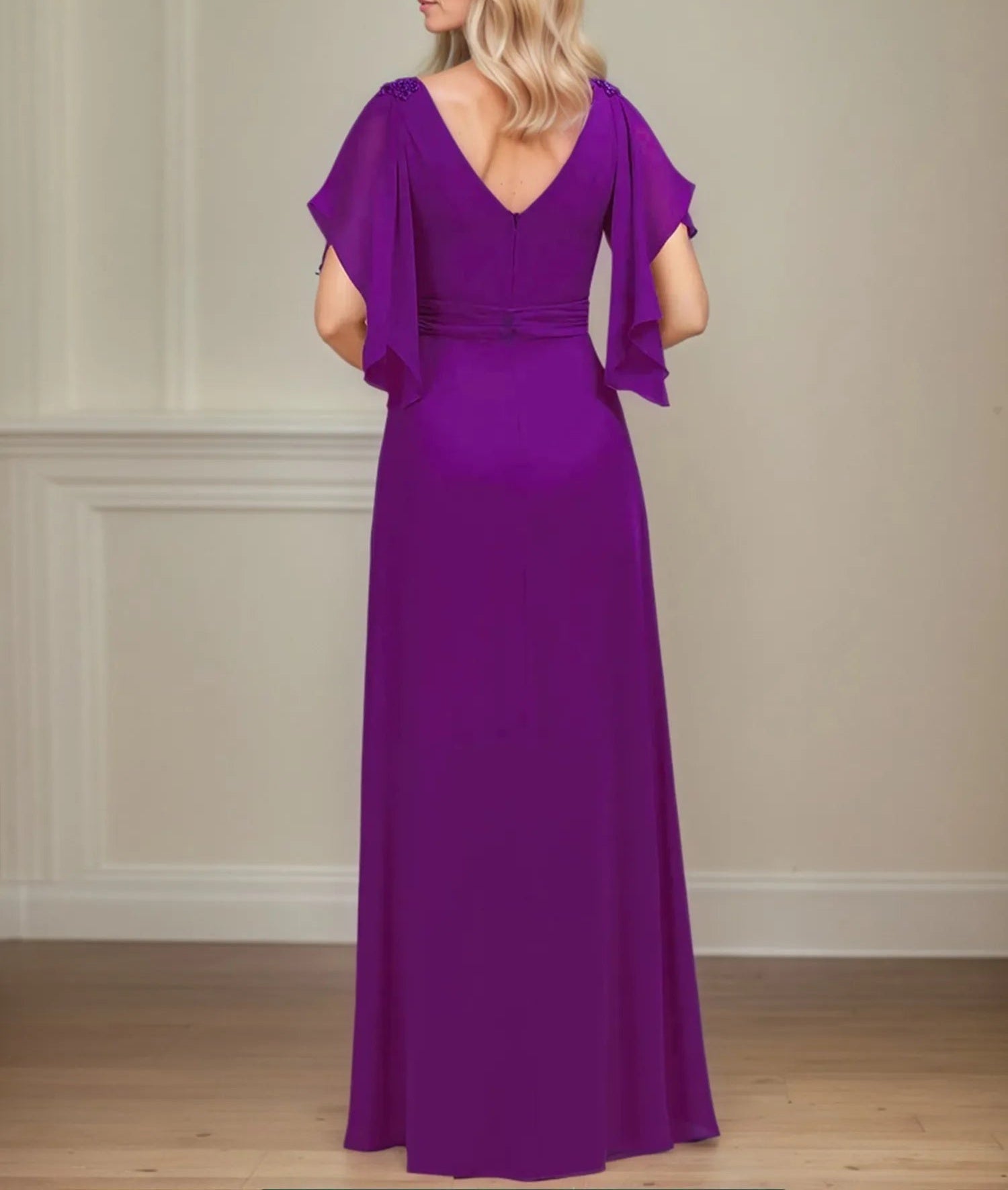 A Line V Neck Appliqued Floor Length Mother of the Bride Dress with Ruffles