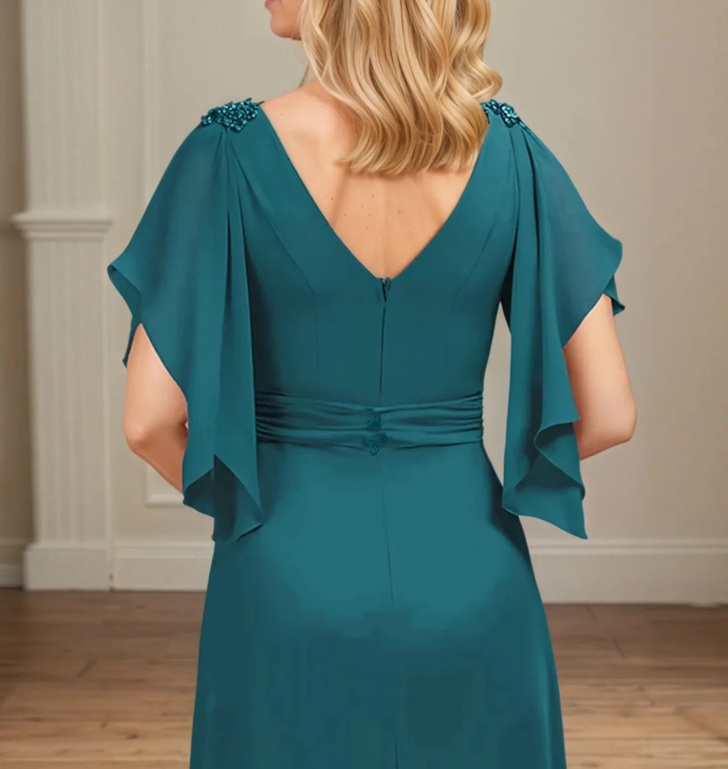 A Line V Neck Appliqued Floor Length Mother of the Bride Dress with Ruffles