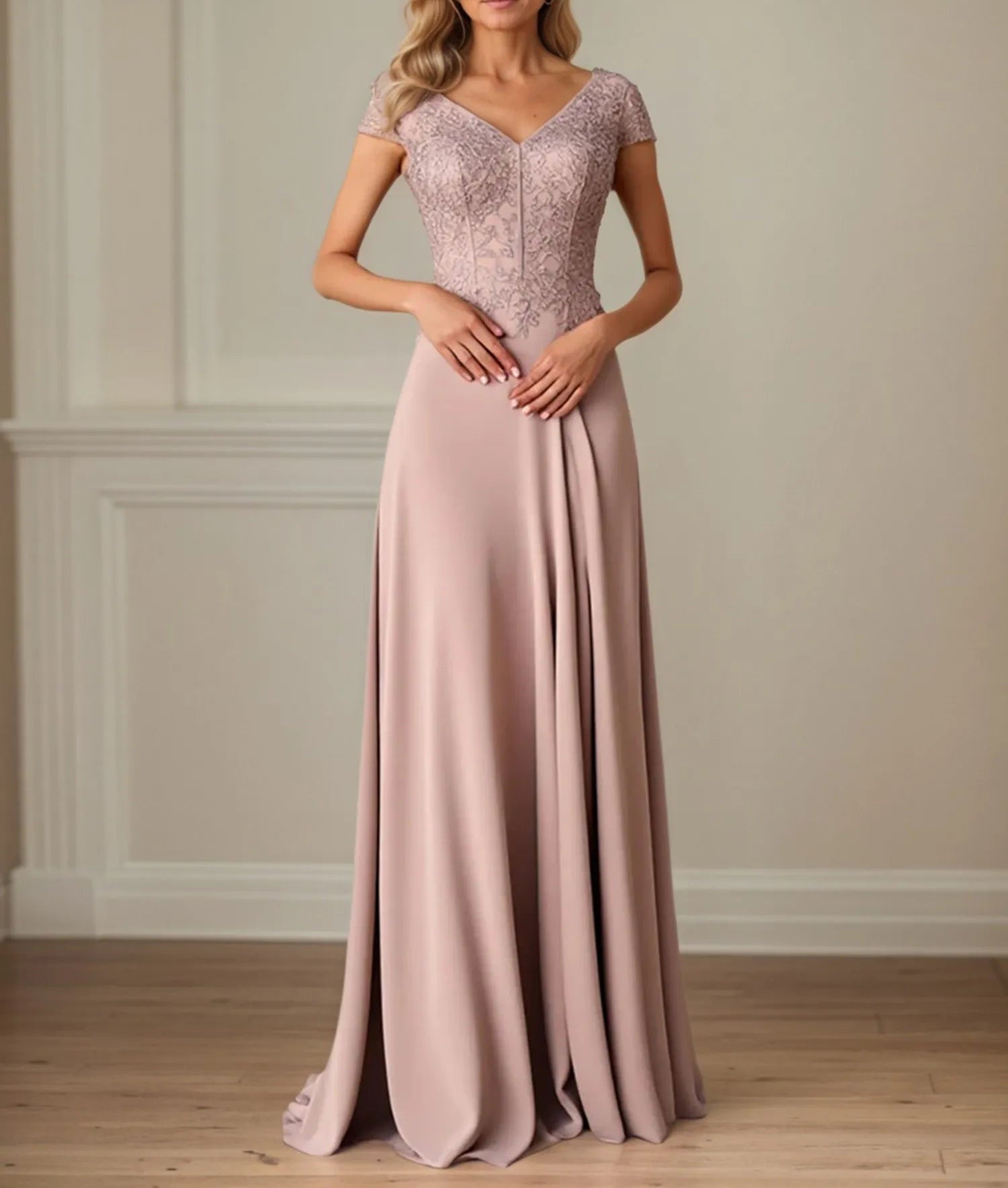 A Line Satin Short Sleeve Floor Length Mother of the Bride Dress with Lace