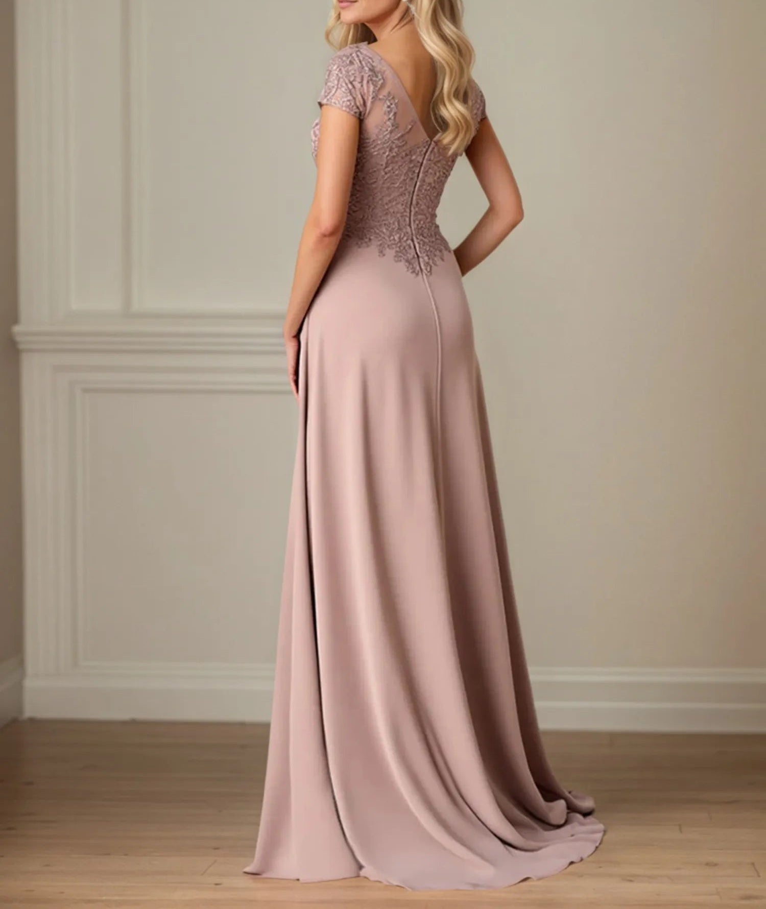 A Line Satin Short Sleeve Floor Length Mother of the Bride Dress with Lace