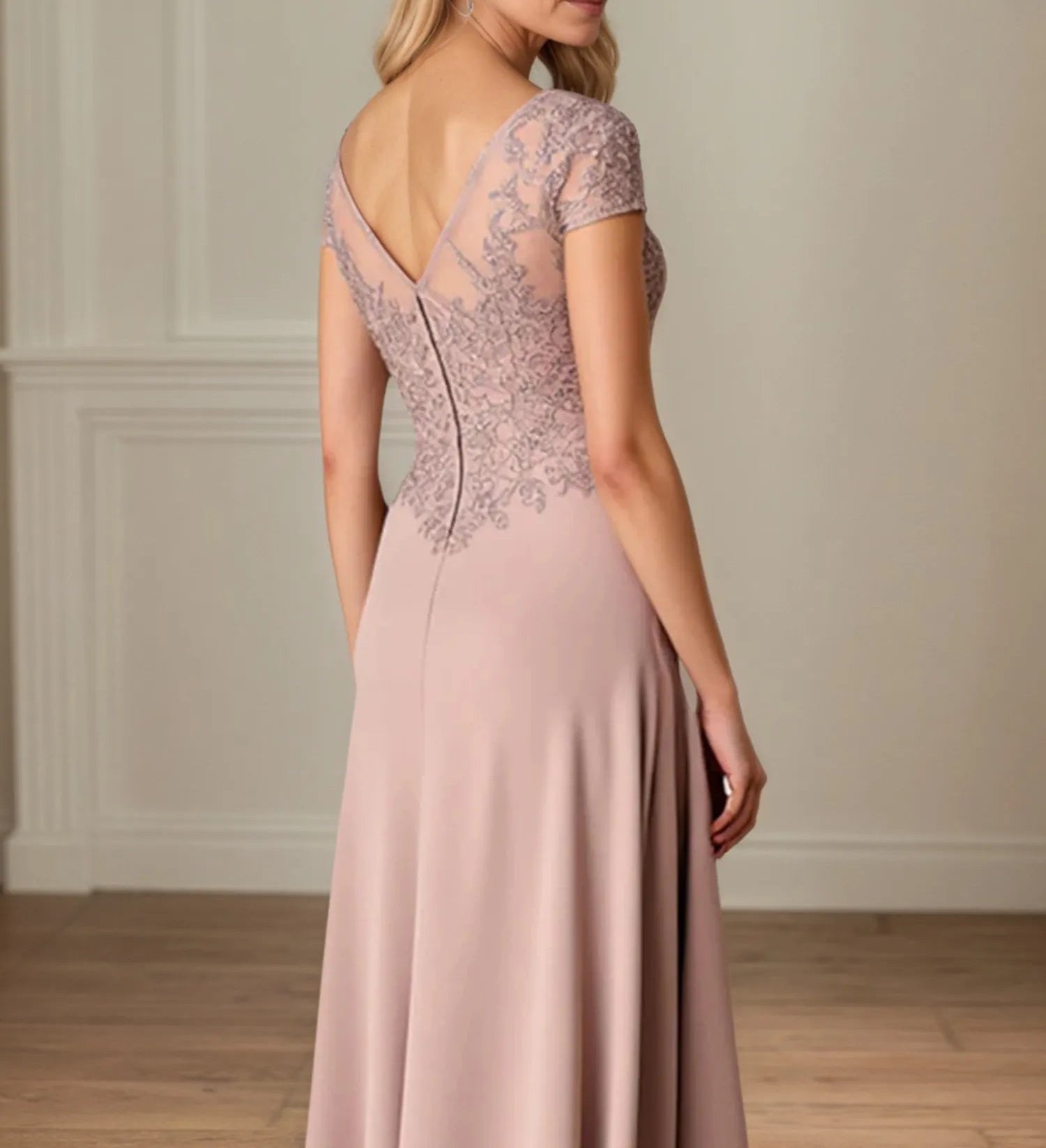 A Line Satin Short Sleeve Floor Length Mother of the Bride Dress with Lace