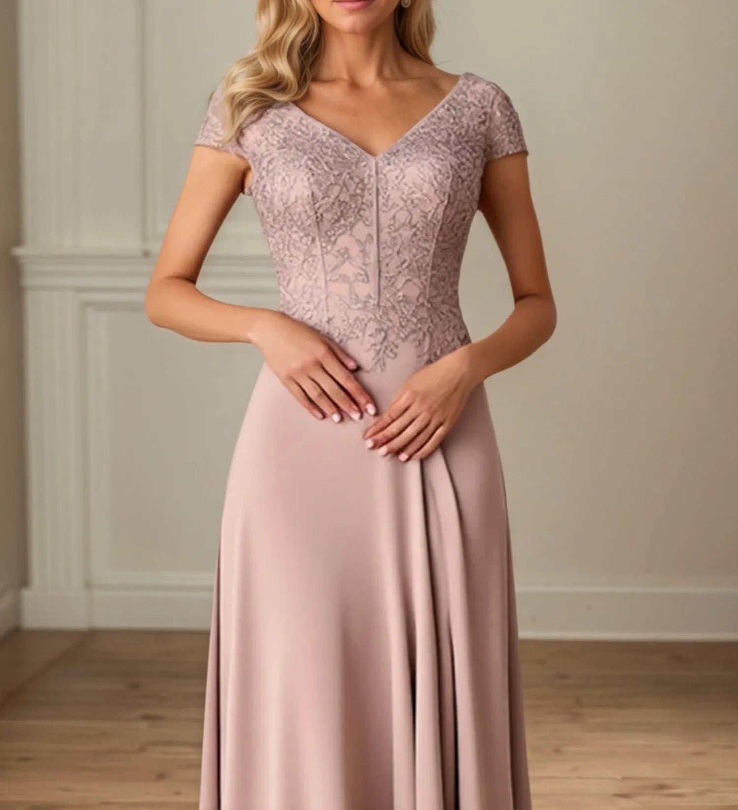 A Line Satin Short Sleeve Floor Length Mother of the Bride Dress with Lace