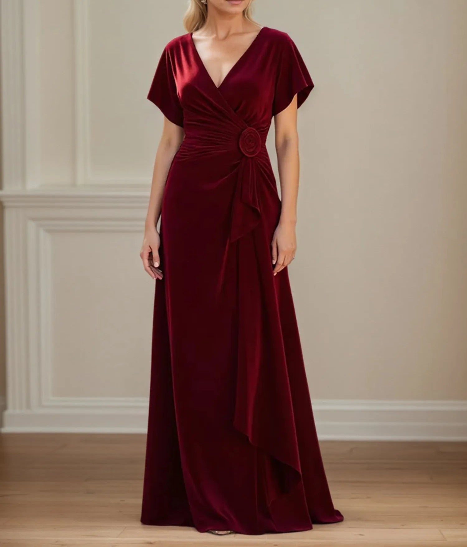 A Line V Neck Ruched Floor Length Mother of the Bride Dress