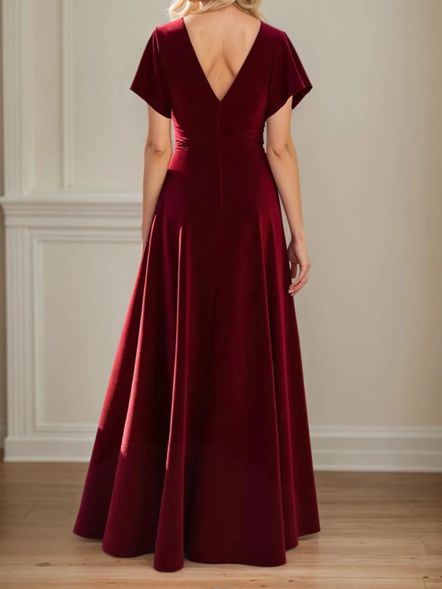 A Line V Neck Ruched Floor Length Mother of the Bride Dress