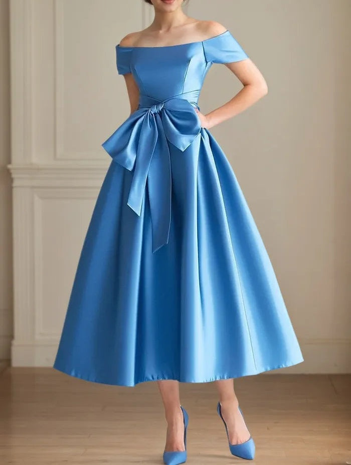 A Line Satin Off the Shoulder Tea Length Mother Of The Bride Dress with Bow