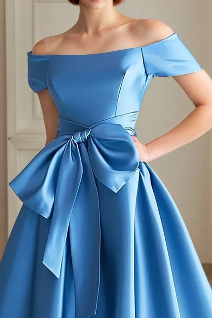 A Line Satin Off the Shoulder Tea Length Mother Of The Bride Dress with Bow