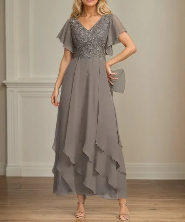 A Line V Neck Short Sleeve Chiffon Mother of the Bride Dress With Ruffles