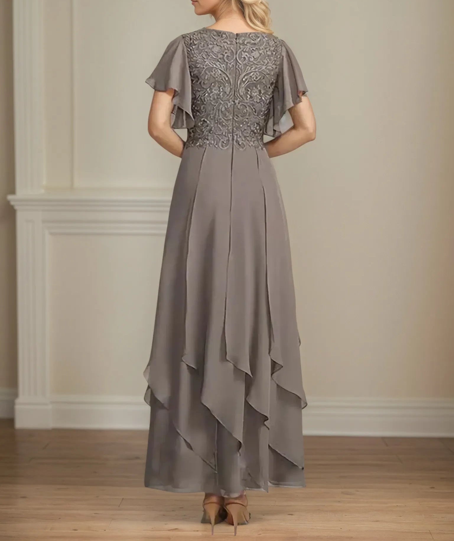 A Line V Neck Short Sleeve Chiffon Mother of the Bride Dress With Ruffles