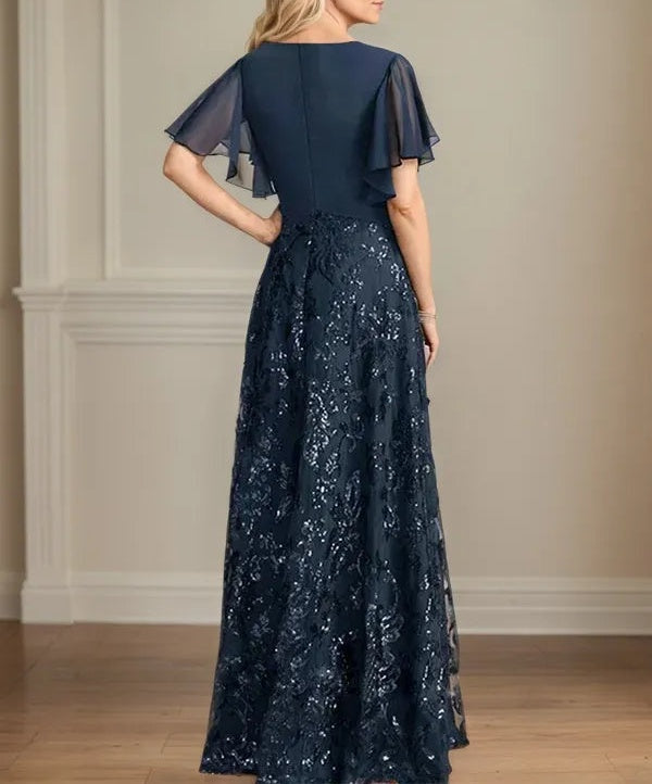 A Line V Neck Short Sleeve Chiffon Mother of the Bride Dress With Appliques