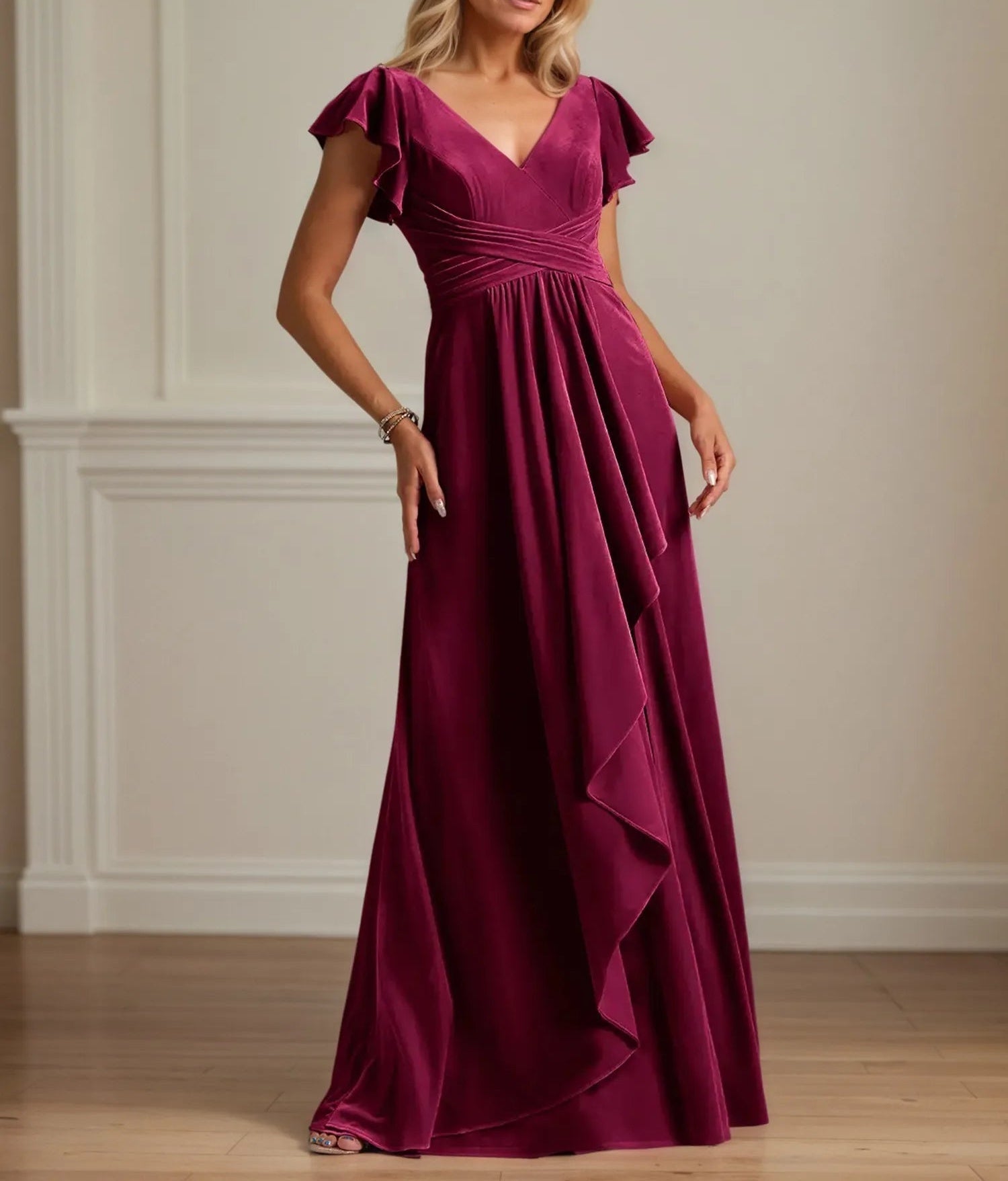 A Line V Neck Short Sleeve Velvet Mother of the Bride Dress With Ruffles