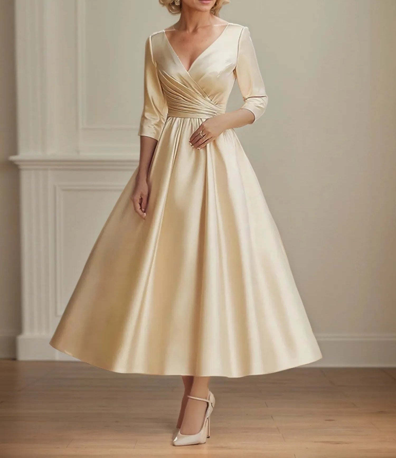 A Line V Neck 3/4 Sleeve Satin Ruched Mother of the Bride Dress