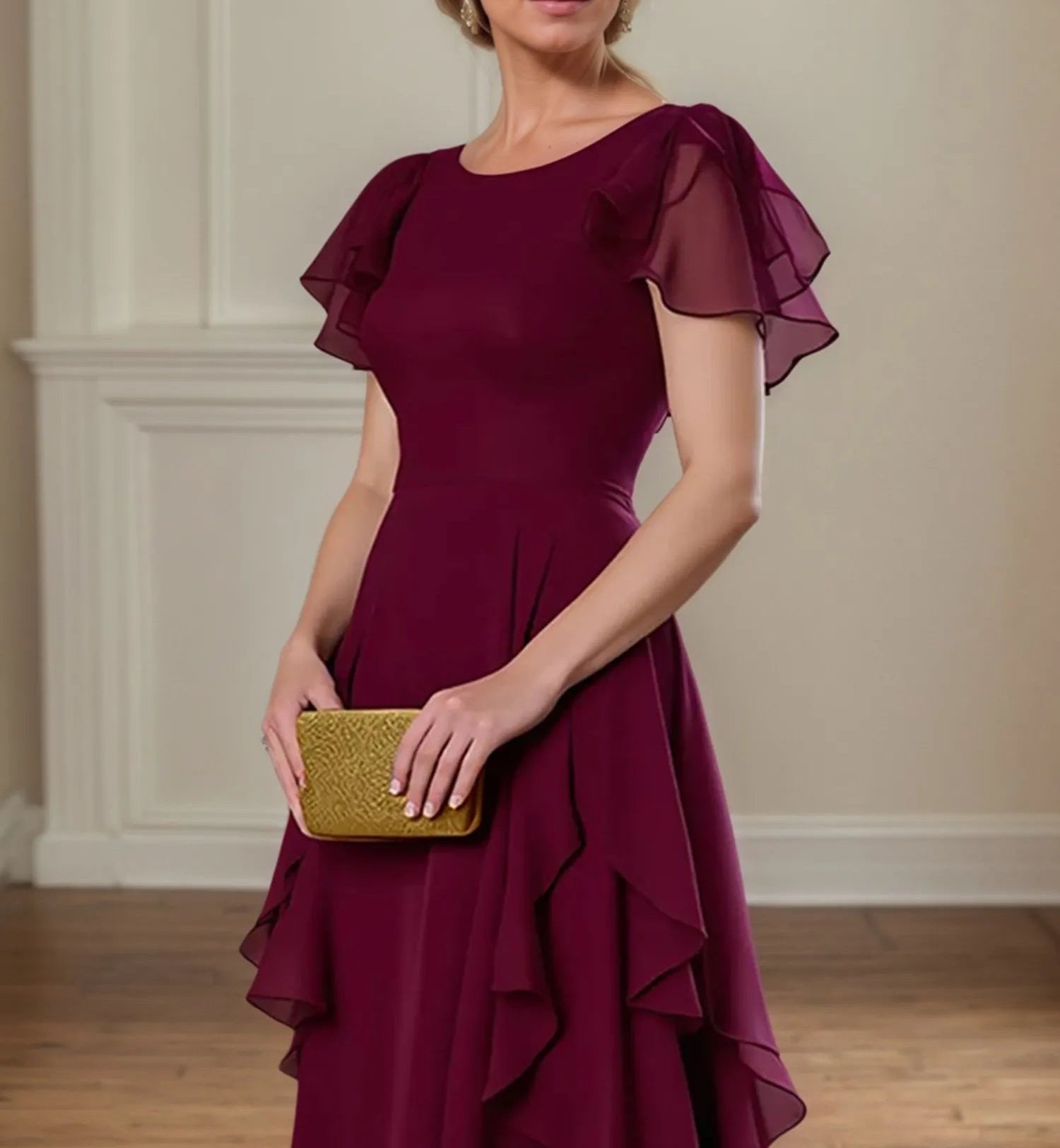 A Line Scoop Neck Short Sleeve Chiffon Mother of the Bride Dress With Ruffles