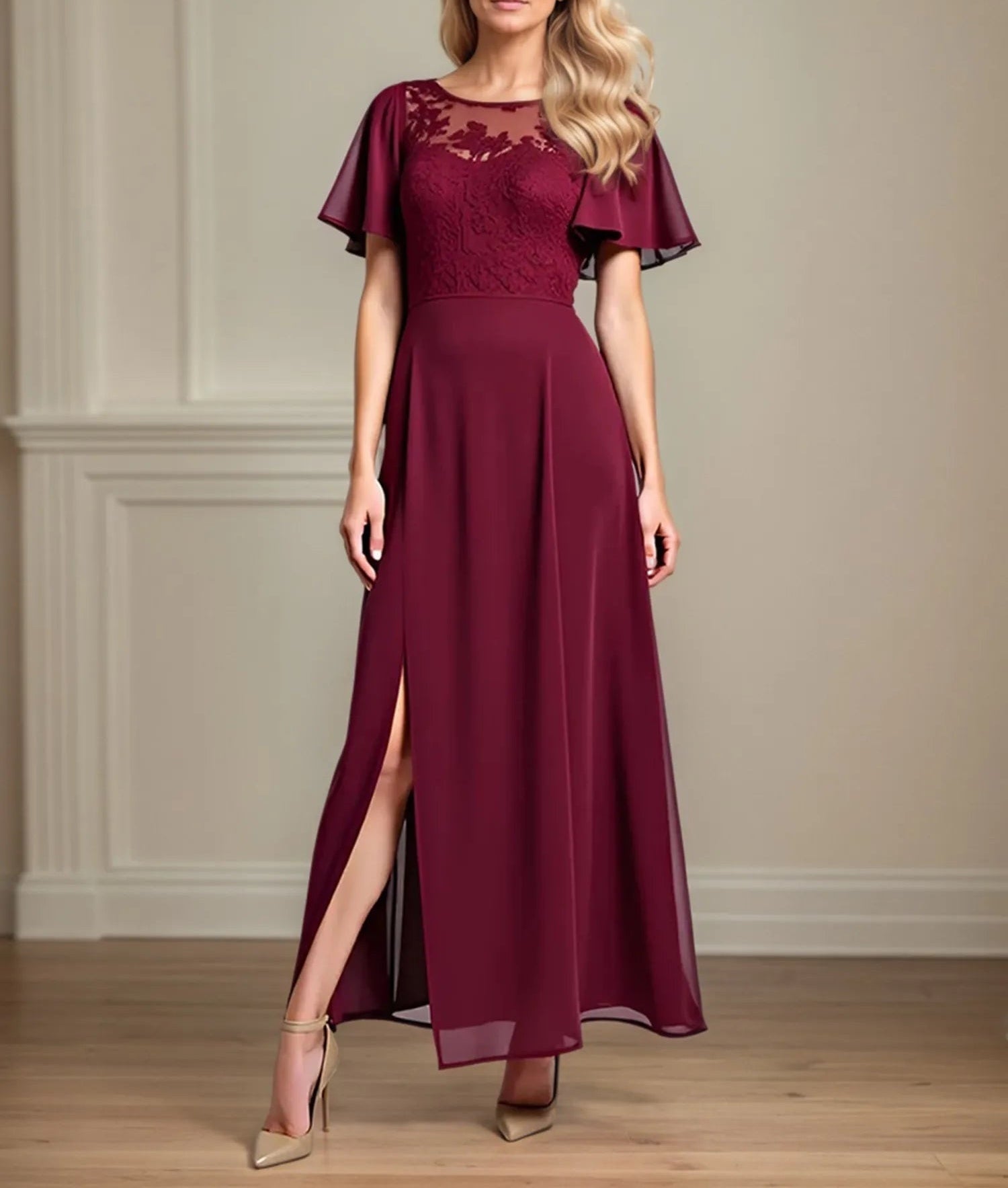 A Line Scoop Neck Short Sleeve Chiffon Mother of the Bride Dress With Leg Slit