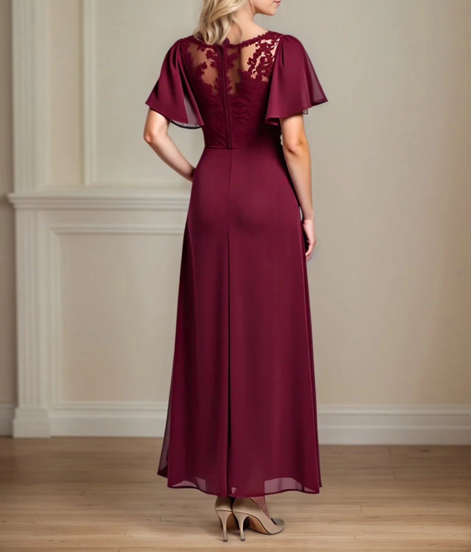 A Line Scoop Neck Short Sleeve Chiffon Mother of the Bride Dress With Leg Slit