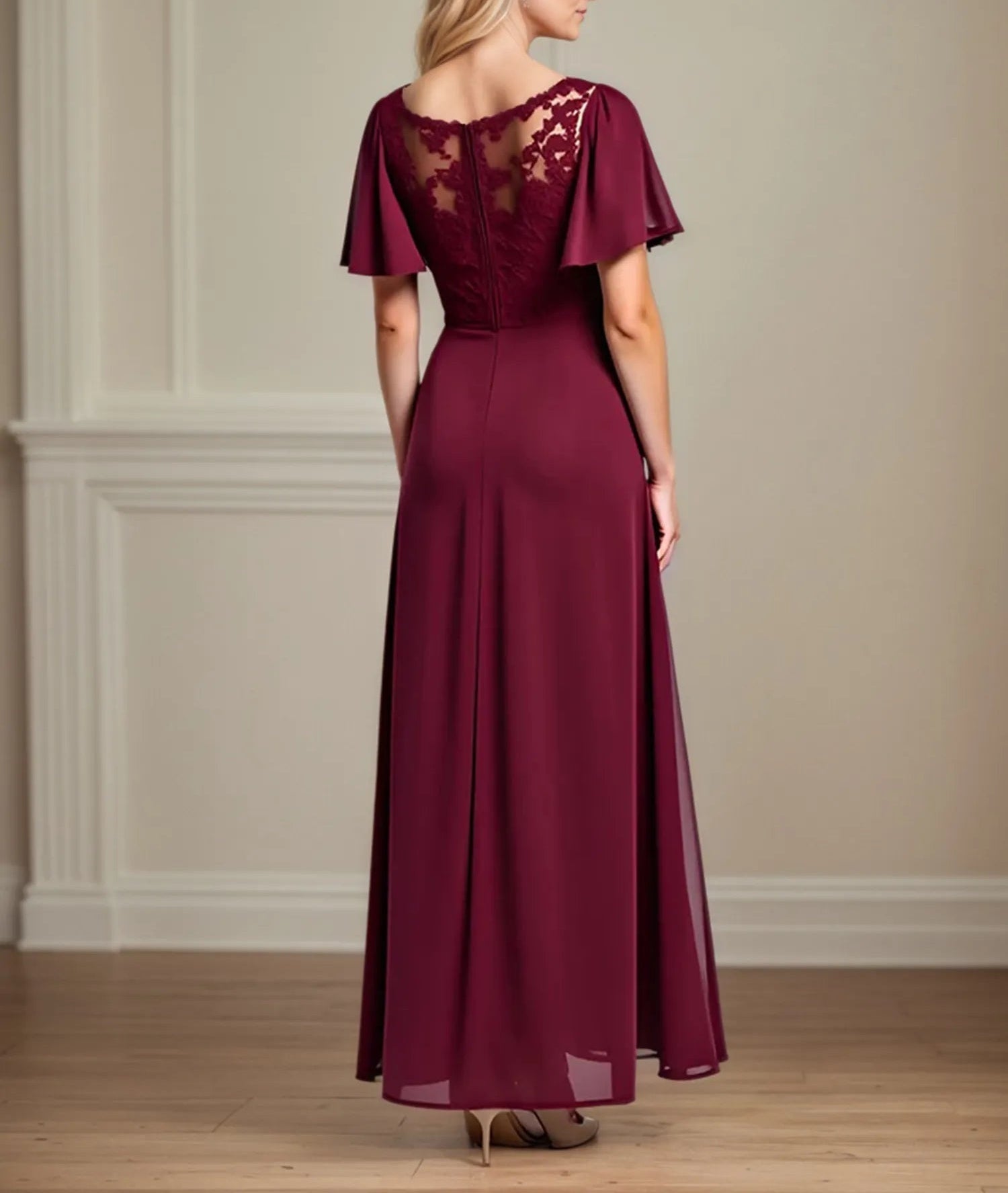 A Line Scoop Neck Short Sleeve Chiffon Mother of the Bride Dress With Leg Slit