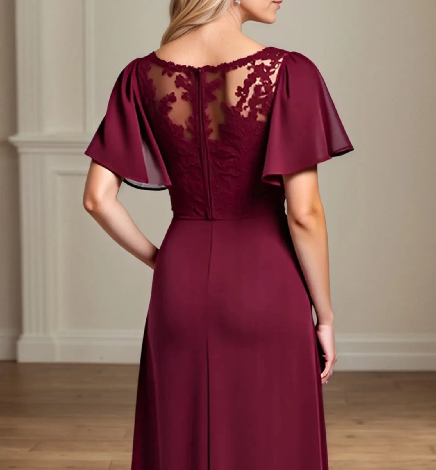 A Line Scoop Neck Short Sleeve Chiffon Mother of the Bride Dress With Leg Slit