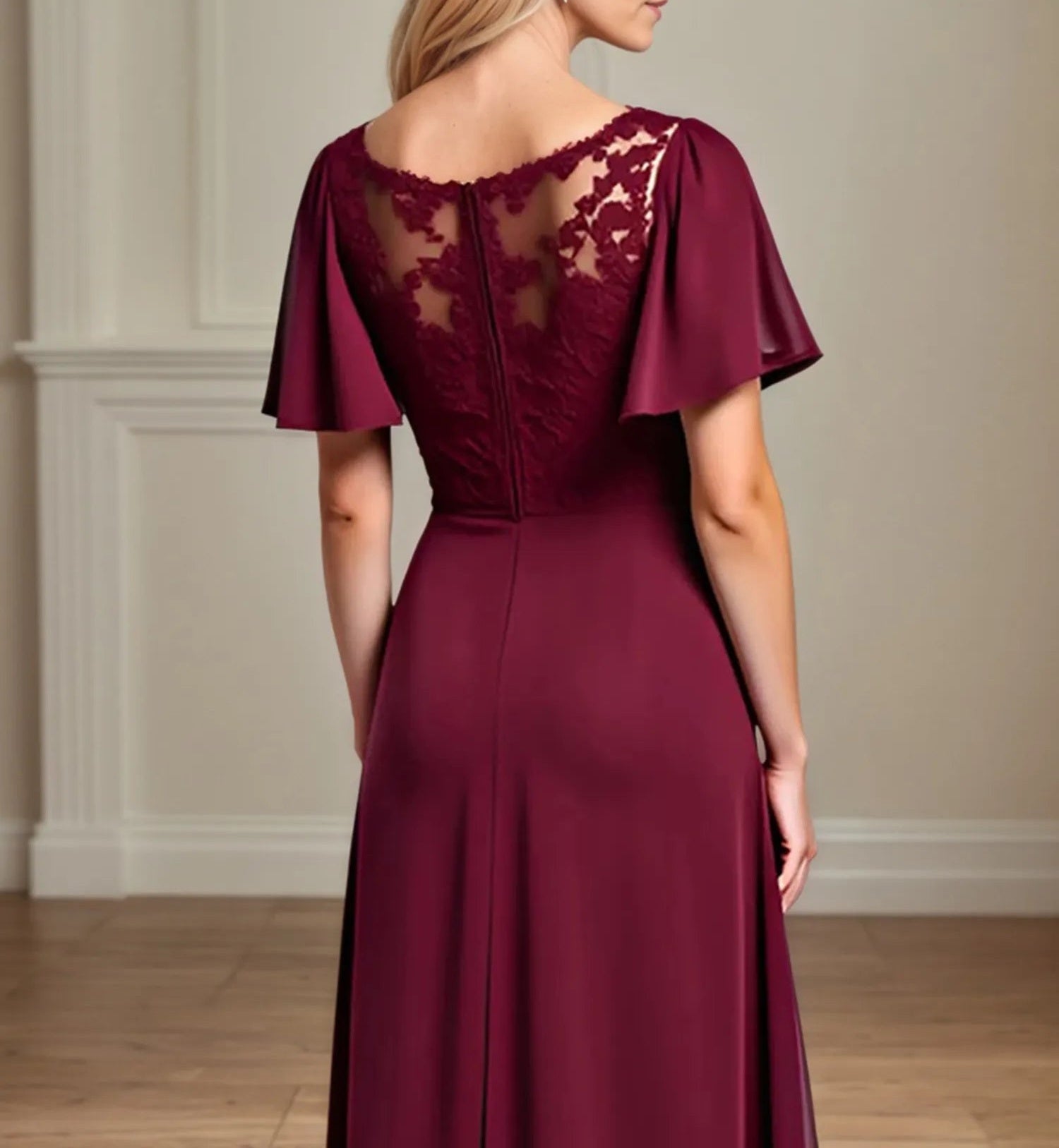 A Line Scoop Neck Short Sleeve Chiffon Mother of the Bride Dress With Leg Slit