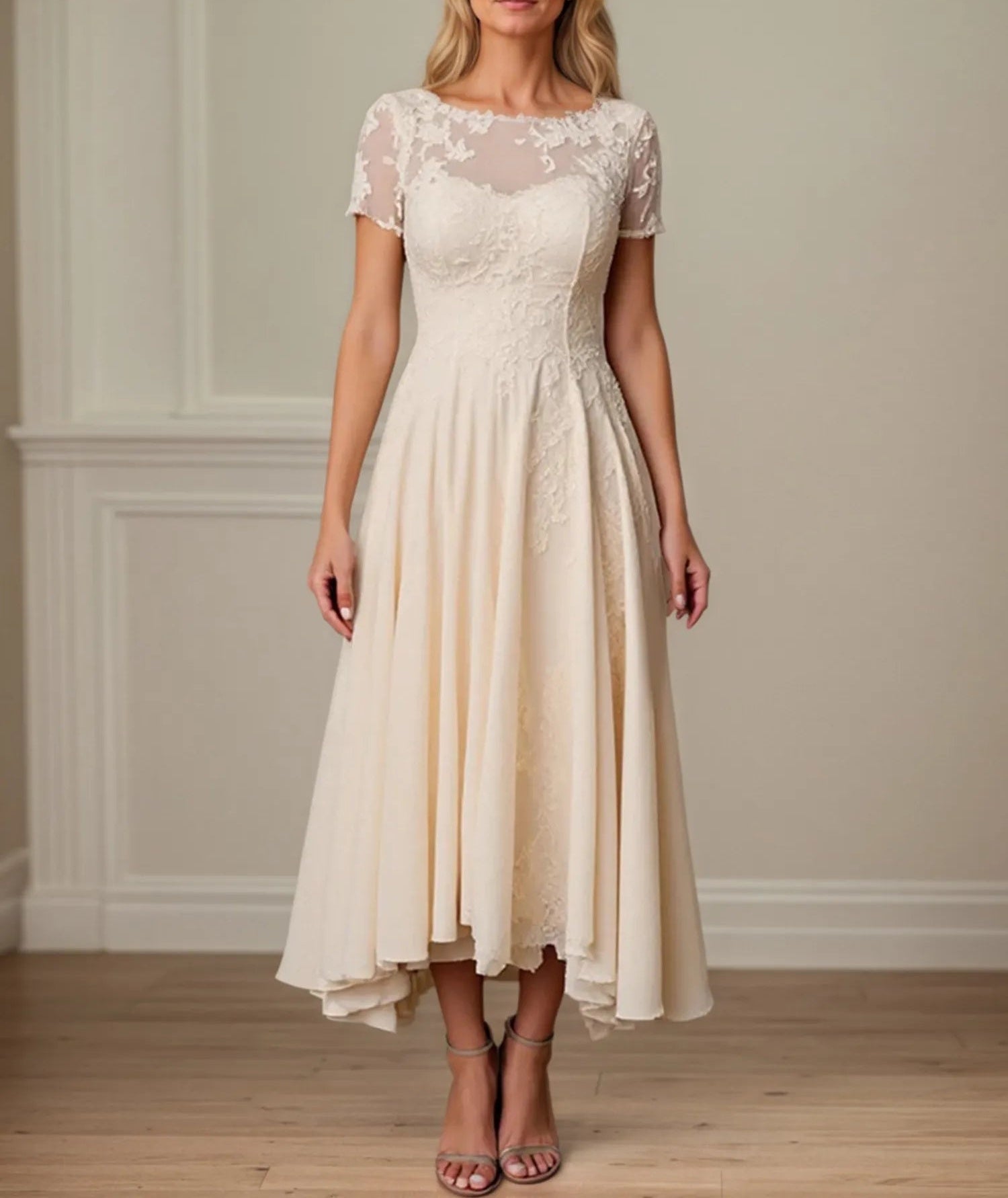 A Line Scoop Neck Short Sleeve Chiffon Mother of the Bride Dress