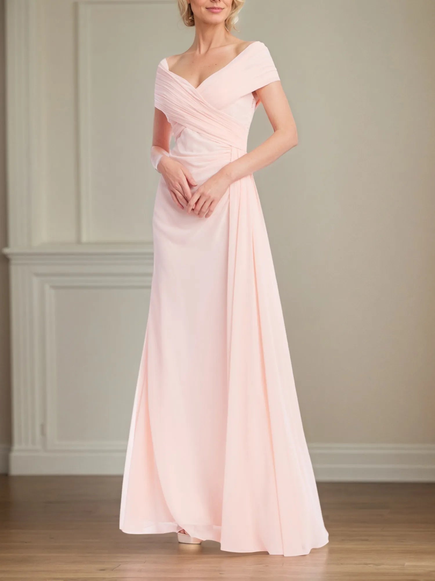 A Line Off the Shoulder Short Sleeve Chiffon Mother of the Bride Dress