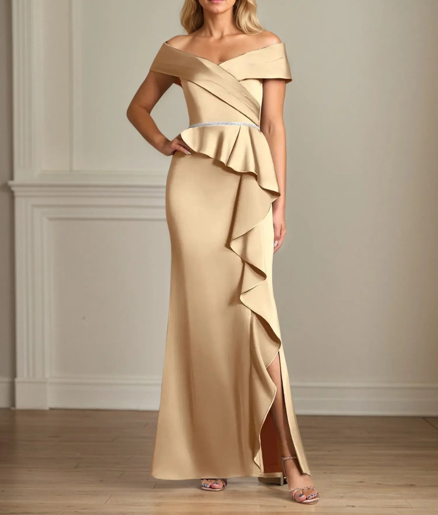 Trumpet/Mermaid Off the Shoulder Floor Length Satin Mother Of the Bride Dress With Ruffles