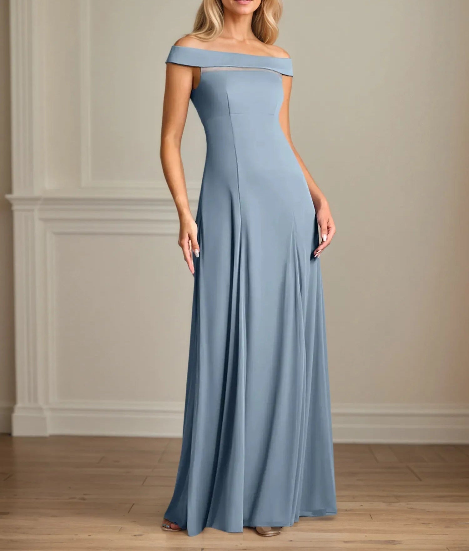 A Line Off the Shoulder Floor Length Chiffon Mother Of the Bride Dress With Pleated