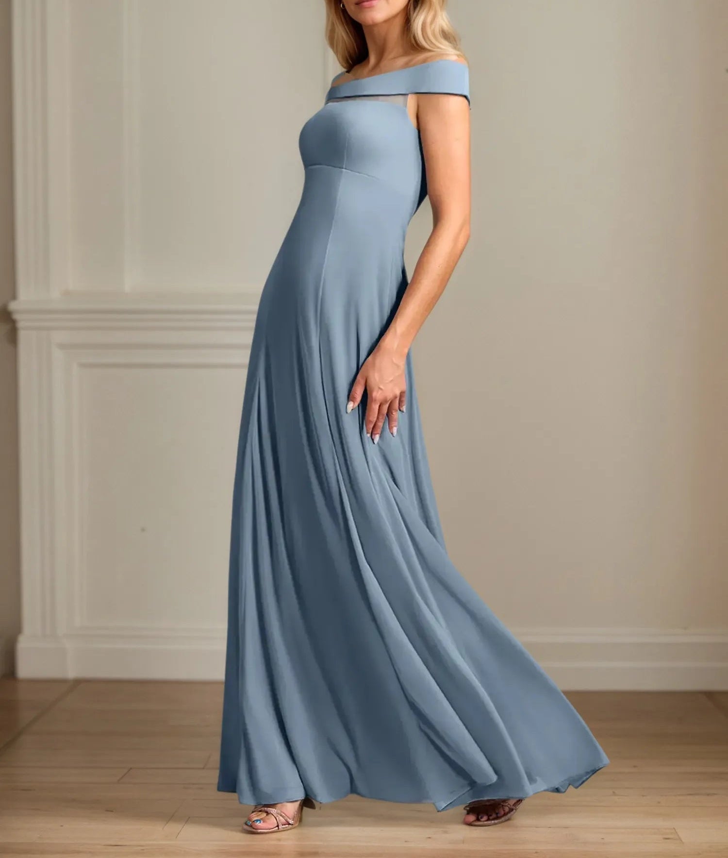 A Line Off the Shoulder Floor Length Chiffon Mother Of the Bride Dress With Pleated