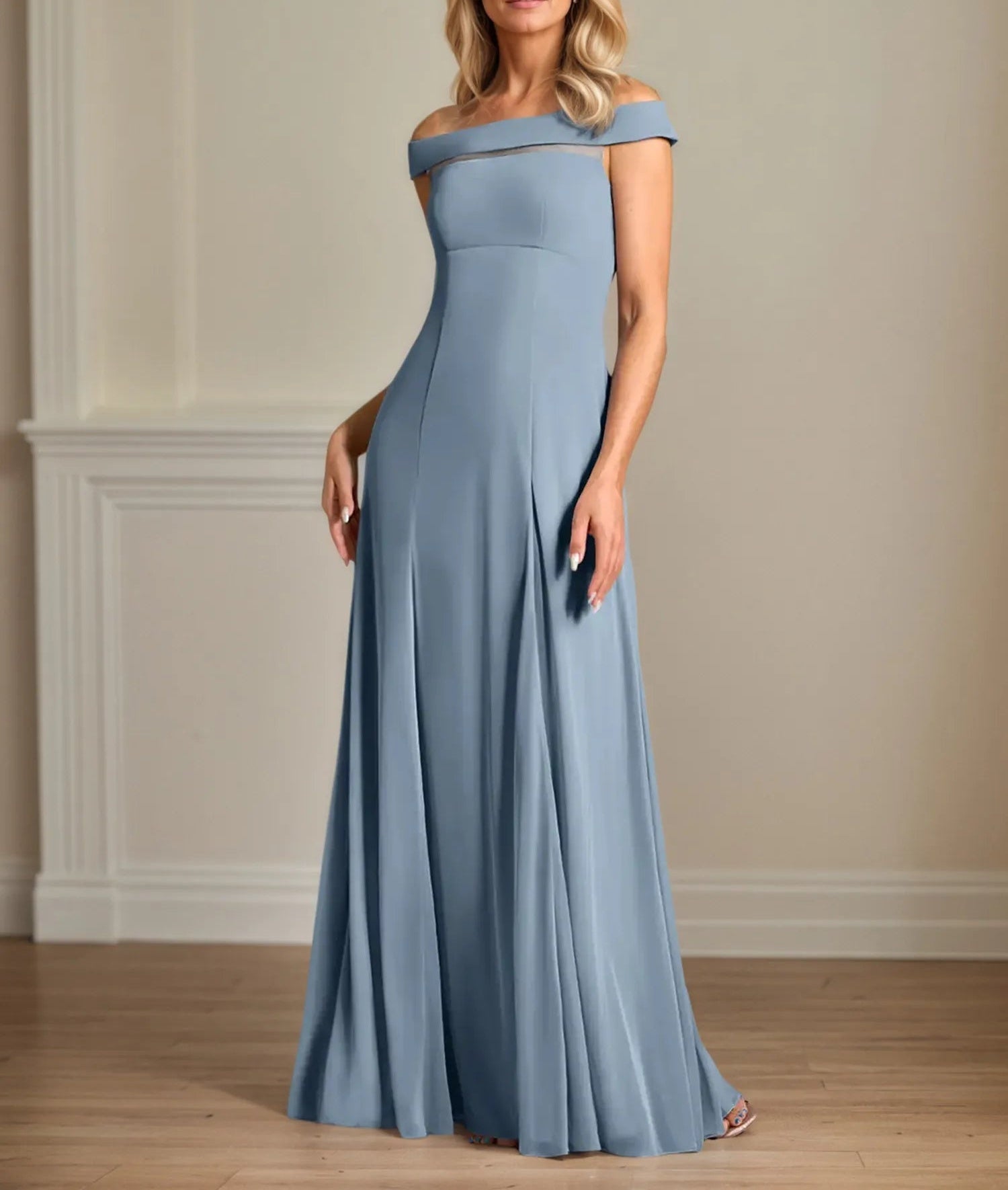 A Line Off the Shoulder Floor Length Chiffon Mother Of the Bride Dress With Pleated