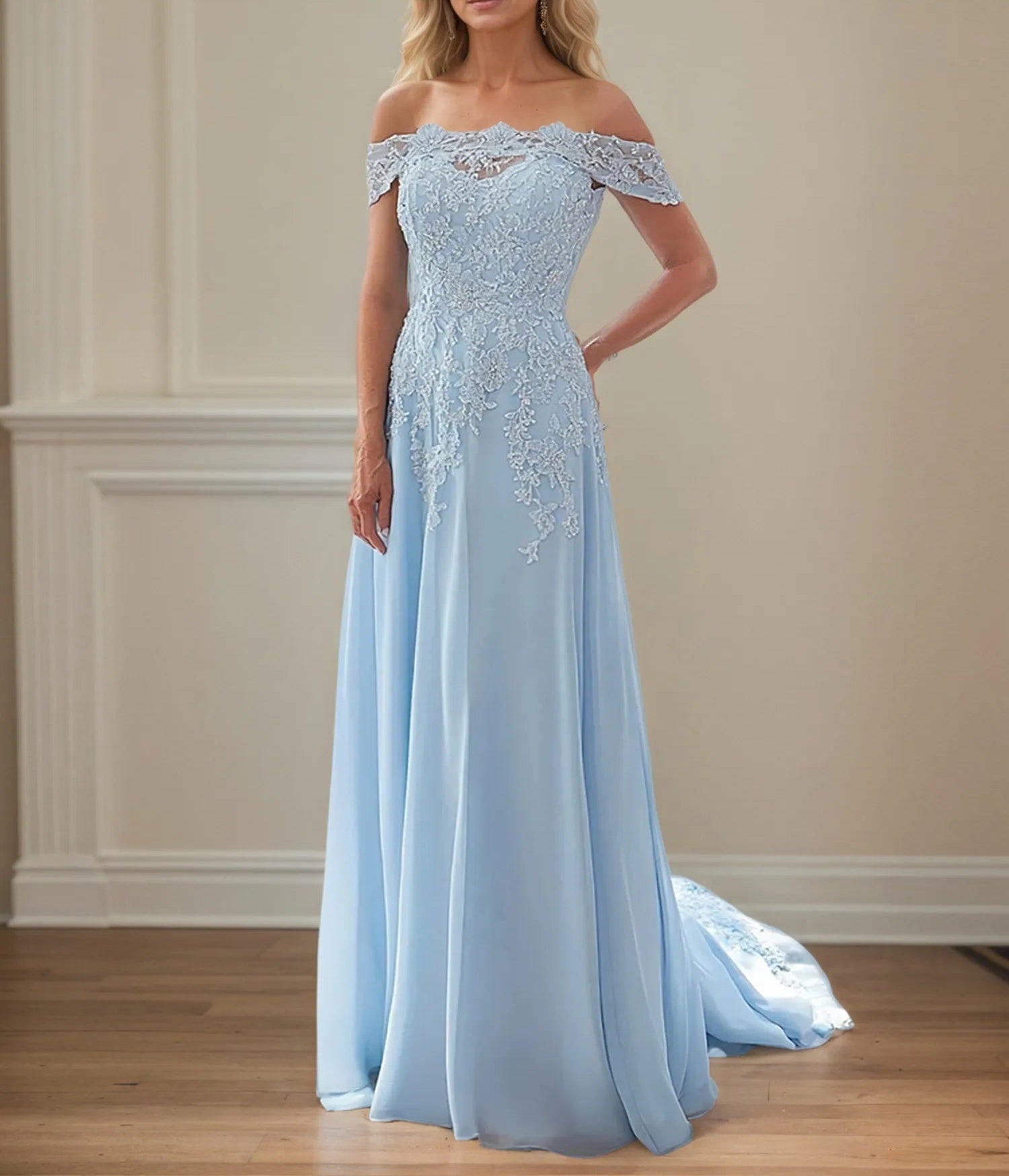 A Line Off The Shoulder Sleeveless Chiffon Mother of the Bride Dress With Appliques