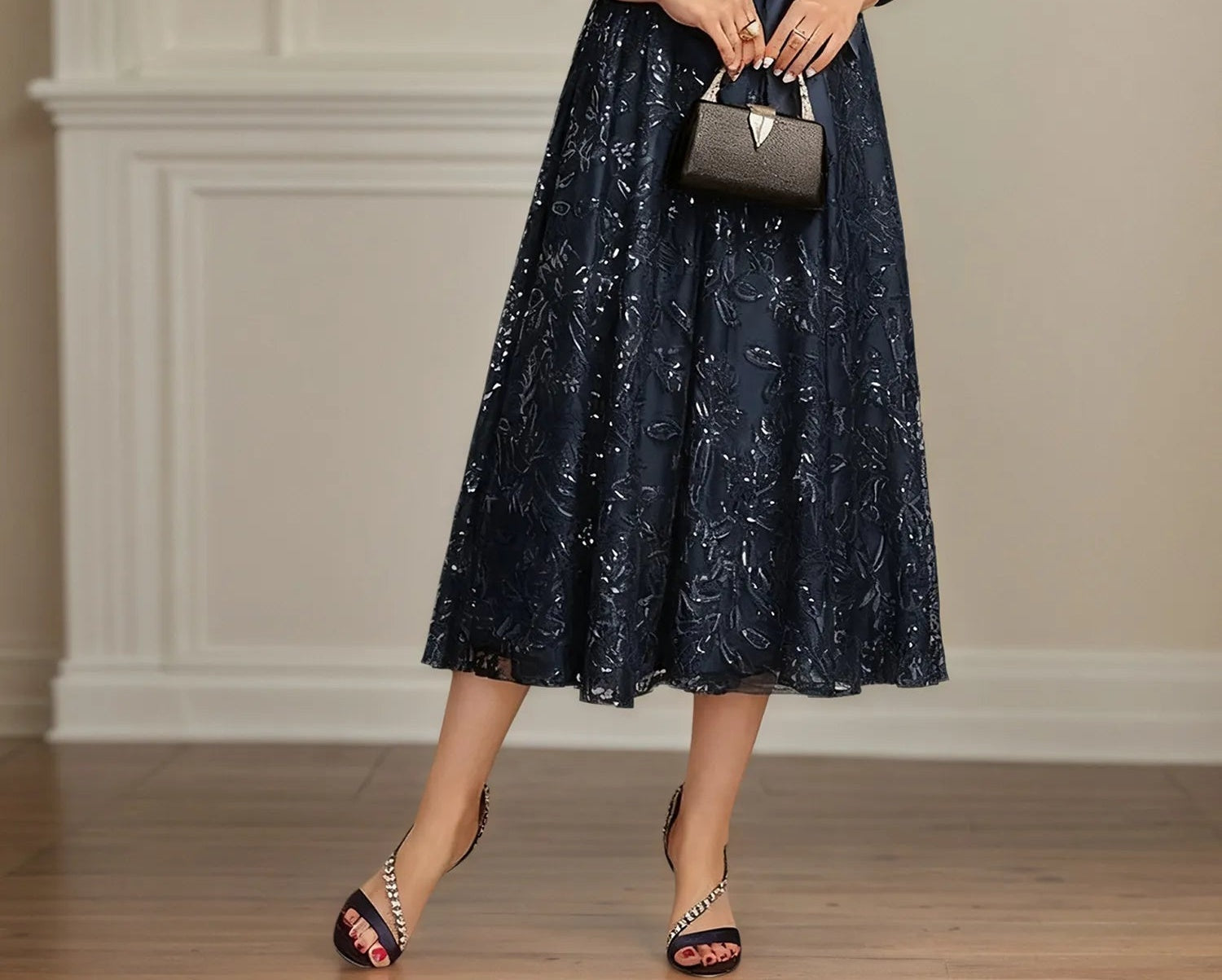 A-line Collared V-Neck Tea-Length Satin Lace Sequin Mother of the Bride Dress With Bow