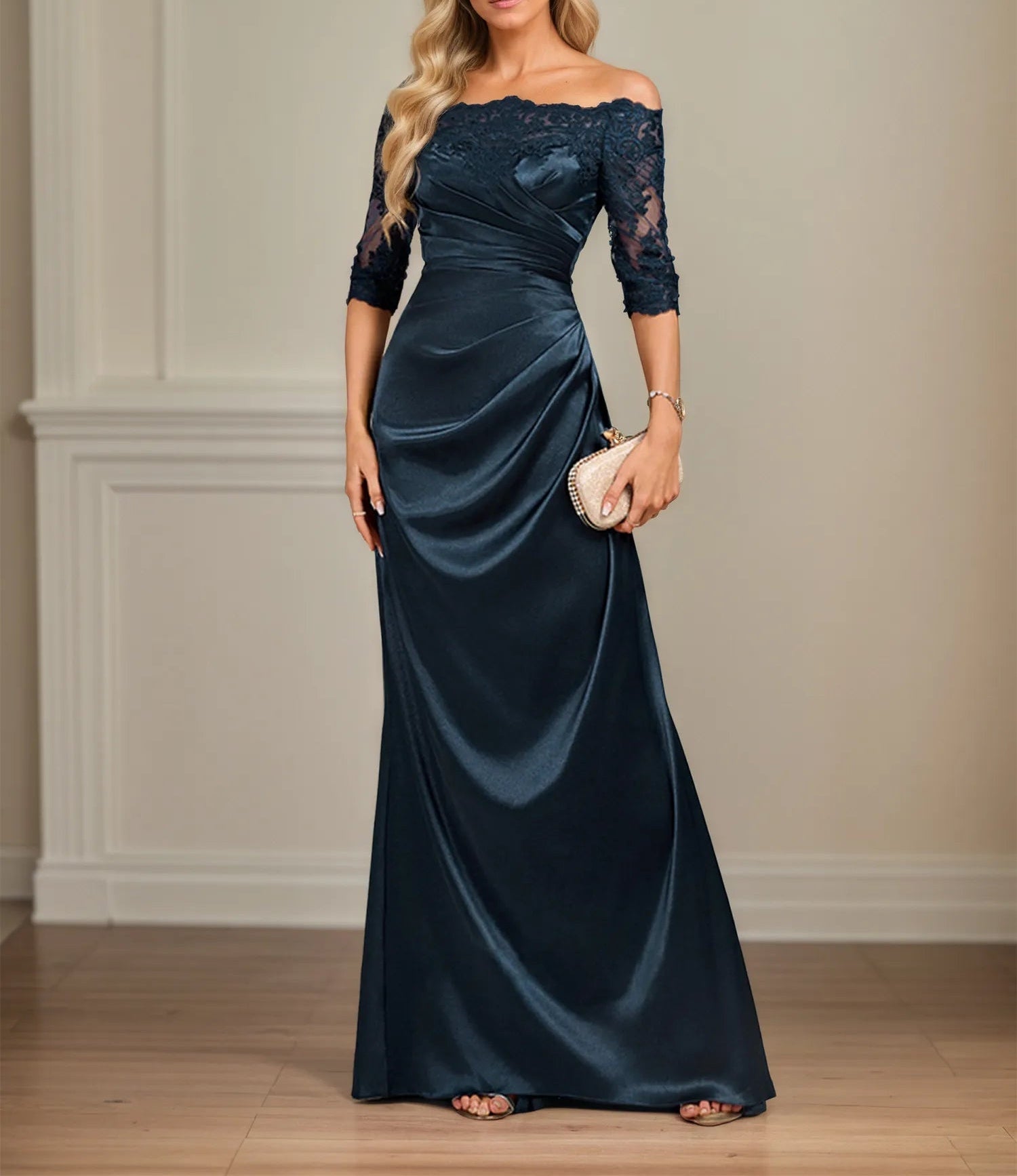 Sheath/Column Off the Shoulder Floor-Length Lace Stretch Satin Evening Dress With Pleated