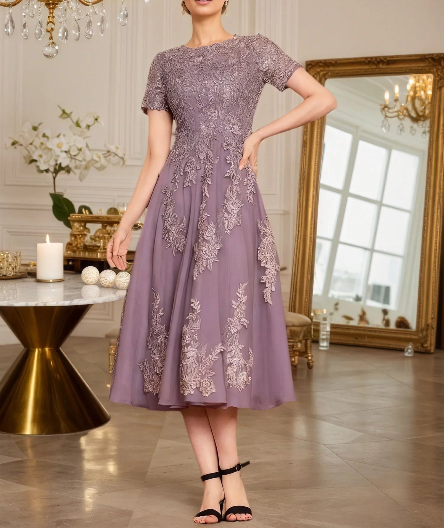 A Line Scoop Tea-Length Chiffon Mother of the Bride Dress With Appliques